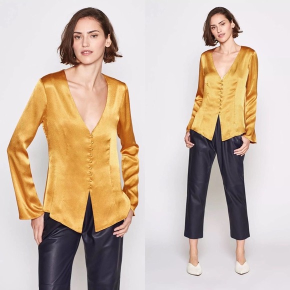 Joie Tops - Joie NEW Madora Dusty Gold V Neck Bell Sleeve Jewel Button Blouse Top Royalcore